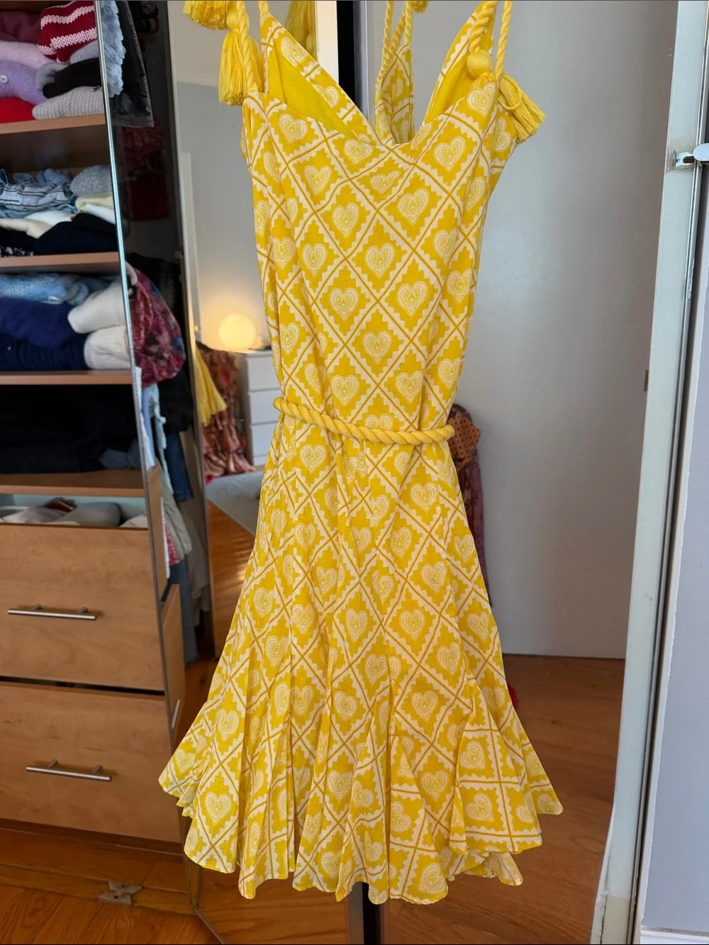 RHODE Yellow Printed Tie-Shoulder Sundress with Tassel Belt